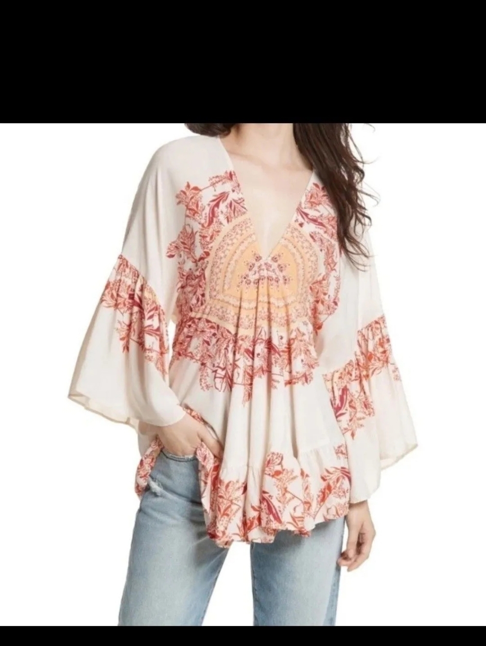Free People Sunset Dream Boho Ruffle Bell Sleeve Top